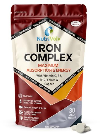 Iron Complex | 30 Vegan Tablets | One-A-Day with Gentle Iron Bisglycinate, Methylated B12 & Folate, Vitamin C, B6 & Copper | High Absorption Formula | Energy, Tiredness & Immune Support | by NutriVolv