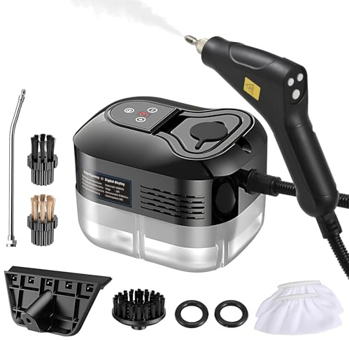 Limpiador a Vapor de Mano 1500W, Vaporizador de Alta Presión de 4,5 Bar para Hogar y Coche, Máquina de Limpieza a Vapor Ajustable de 6 Niveles, Tanque de Agua de 1200ml (Negra)