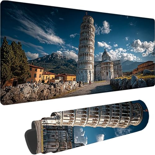 Tapis de Souris Bleu, Grand Tapis de Souris XXL 1500x800x3 mm Tour Penchée De Pise sous Main Bureau, Mouse Pad pour Clavier et Bureau, avec Bords Surpiqués et Dos Antidérapant pour Gamer, PC w-10103