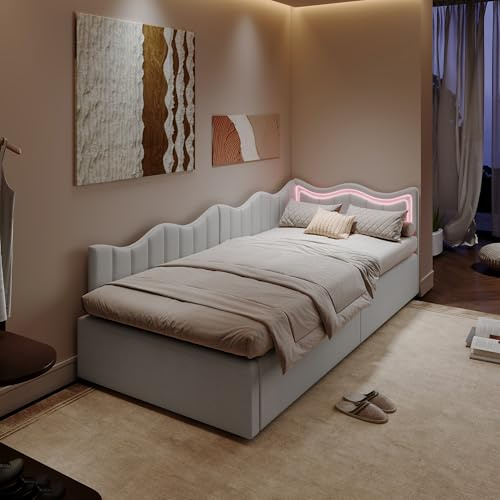 BRYXR Polsterbett 90x200 mit Stauraum und LED-Beleuchtung, Einzelbett mit Wellenförmigem Kopfteil, Teddy-Fleece Jugendbett mit Lattenrost & Gasdruckfeder für Mädchen & Jungen, Weiß