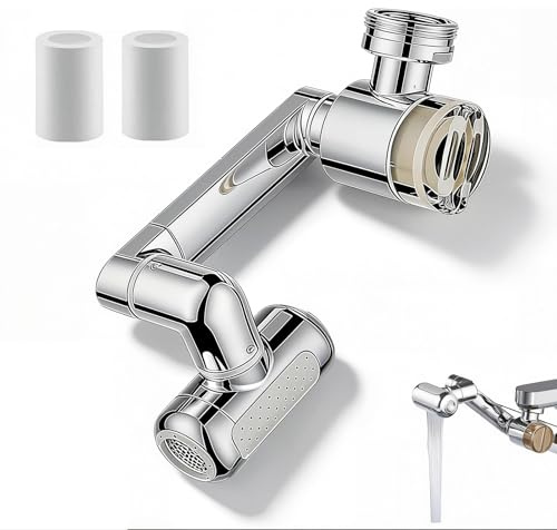 1080°Rotating Faucet Extender for Kitchen Taps, 4 Water Modes Faucet with PP Cotton Filter & 2 Replacements, Thick Brass Splash Proof Tap Extender, Universal Fit Foldable Water Saving Tap (Sliver)