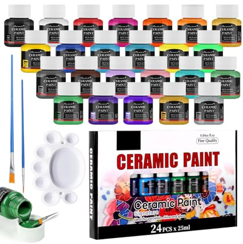 CEWROM Porzellanfarbe Set, 24 Stück 25ml Keramikfarben zum Einbrennen, Glas- und Porzellanfarbe Spülmaschinenfest, Keramikfarbe with Pinselstift & Palette danach Wasserfest