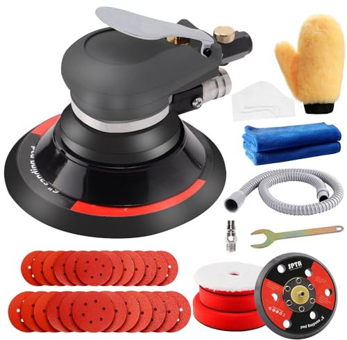 Slipmaskin med tryckluft, excentrisk polermaskin, SPTA 125 mm/150 mm excenterslipmaskin med 24 slippapper och 3 poleringssvamp för polering, slipning och slipning av bilar – HASPS6SET