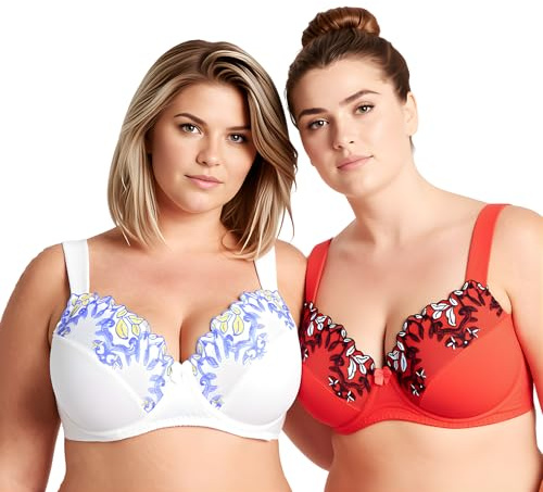 Curve Muse Reggiseni sfoderati con Ferretto Minimizer Taglie Forti da Donna con Pizzo Ricamato-Confezione da 2-Burro di Latte,Pomodoro Ciliegino-4C