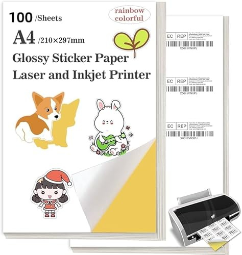 Etiketten Selbstklebend Bedruckbar, Stickerpapier Zum Selbst Drucken A4, 100 Sheets- Glossy Paper Label Printable for Laser and Inkjet Printers