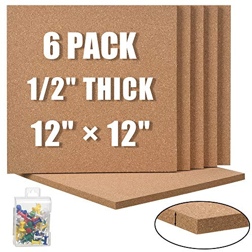 SUNGIFT Cork Board 12x12 - 1/2 Thick Square Bulletin Boards 6 Pack Cork Tiles with 50 Push Pins Mini Wall Self-Adhesive Corkboards Tiles for Wall