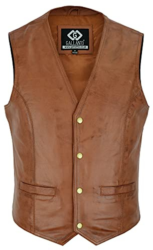 Gallanto Mens Soft Tan Leather Waistcoat, Party Fashion Designer Vest Stylish Real Soft Sheepskin Leather Waistcoats Snap Button (XL, Tan)