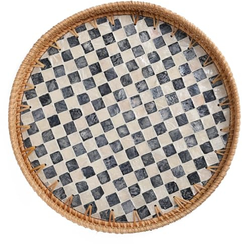 Tynulox Vassoio rotondo in rattan con intarsio in madreperla, vassoio da portata in rattan per caffè, pane, frutta, vassoio decorativo in vimini per la decorazione della tavola, decorazione per la