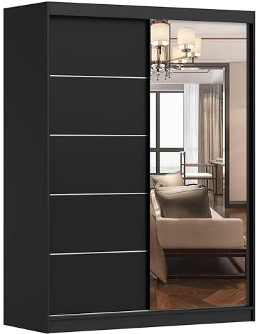 Fabryka Mebli Idźczak Kleiderschrank mit Spiegel, Schiebetüren - Schwarzer Schwebetürenschrank, Schlafzimmerschrank - 61 x 150 x 200 cm - Schrank für Schlafzimmer, Ankleidezimmer, Garderobe