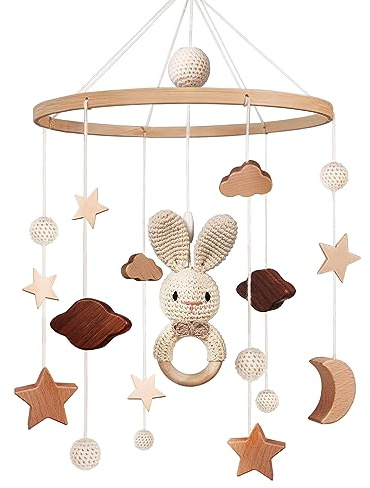 Mobile en bois pour bébé - Cloche de lit - Carillon éolien avec nuages et étoiles - Crochet amovible - Lapin - Jouet mobile pour chambre de bébé - Cadeau pour filles et garçons