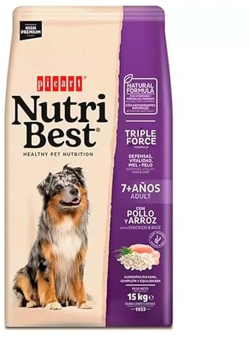 Picart Nutribest Senior Pollo & Arroz 15 Kg - Comida para Perros - Alimento Completo para Perros Adultos - Pollo y Arroz Natural