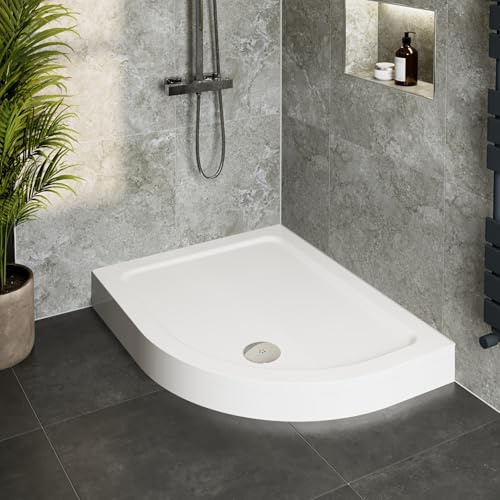 Hydrolux® 1200 x 800 x 140mm White Bathroom Shower Tray for Enclosures Cubicles & Wet Room with Chrome Waste + Riser Kit, Offset Quadrant Right Hand