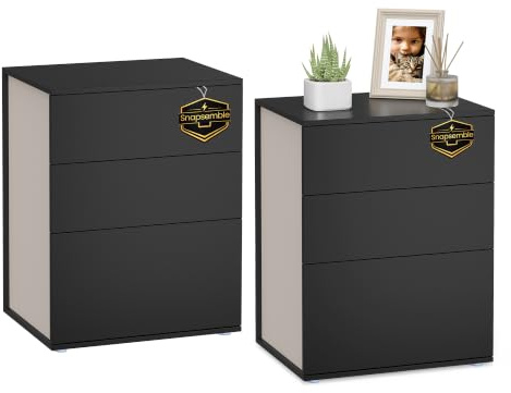 VASAGLE Mesita de Noche, Montaje Súper Rápido Sin Herramientas Toolless, Juego de 2, Mesa Auxiliar con 3 Cajones, Moderna, Dormitorio, Sala de Estar, Negro Tinta y Beige Capuchino LET779B01