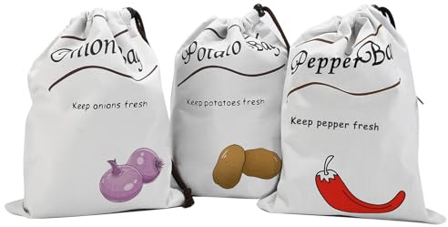 Confezione da 3 sacchetti per patate con coulisse e cerniera laterale, 26 x 35 cm, riutilizzabili, ventilati, per conservare peperoni colorati, cipolle e verdure