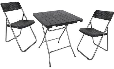 Bistro Set im Rattan und Holz Design schwarz - 1 Tisch / 2 Stühle - Sitzgruppe klappbar für Garten und Balkon - Tischgruppe Bistrotisch Bistrostuhl Gartenmöbel Stuhl für Garten Balkon Terrasse Küche