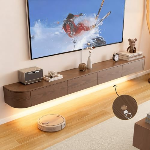 Ribanedy Meuble TV Suspendu Moderne avec Éclairage LED | Console de Divertissement Murale en Bois Massif et Portes à Rabat | Étagère Télé Design pour Salon & Bureau (Marron, 200cm)