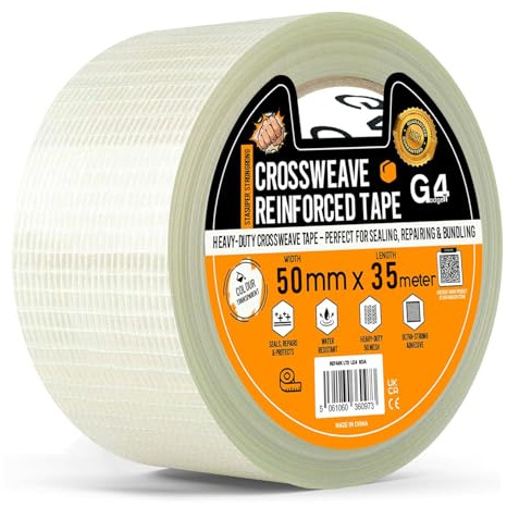 G4GADGET Strong Crossweave Reinforced Tape – 1 Roll, 50mm x 35m, Transparent Bi-Directional Filament Strapping Tape, Fiberglass Heavy Duty Tape for Cricket Bat, Packing & Sealing