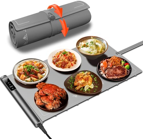 Warming Mat for Food,Silicone Electric Warming Tray for Buffets Party and Home,10s Fast Full Surface Food Heating pad,Portable Design for Daily Use,8 Temperture Settings & 1-6h Timer (Dark Grey)