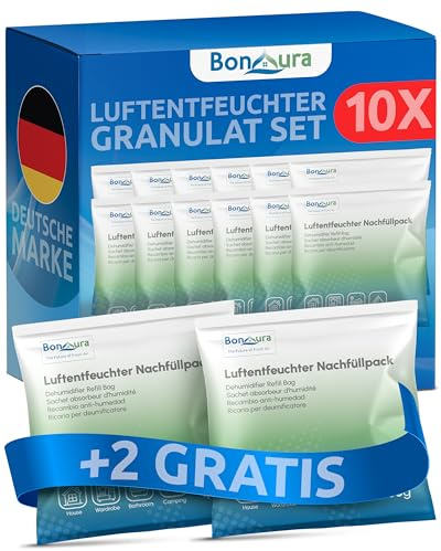 BonAura Luftfuktare påfyllningspaket 12 x 400 g – medium sparset luftavfuktare granulat – uppsättning med 12 avfuktare granulat – mögel- och luktskydd