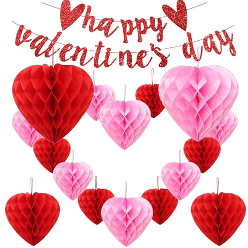 Valentines Decorations, 18Pcs Romantic Valentines Day Decorations Set Reusable Engagement Wedding Party Honeycomb Decor Heat Bunting Hanging Aniversary Banner