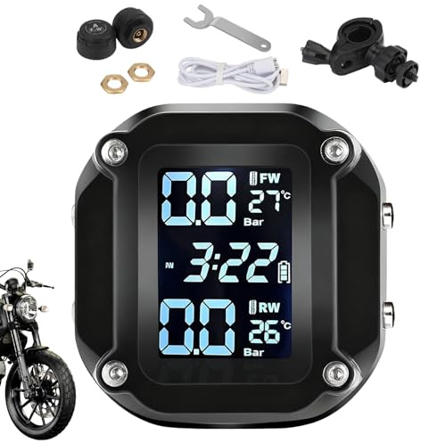 Uhngw de Monitoreo de Presión de Neumáticos para Motocicleta | Detector con Pantalla LCD - Alarma Impermeable para Presión De Ruedas con Sensor Externo,para Moto y Scooter Seguridad Vial