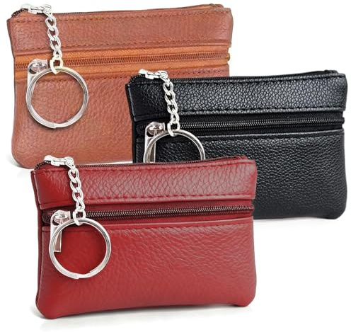 SRVAXZN 3 Stück Schlüsseltasche Leder, Schlüsseletui Doppelschichtige Brieftasche mit Schlüsselring Kartenflug Schwarz Rot Braun Schlüsselmäppchen 11.5×7.5×1cm für Damen Herren Unisex