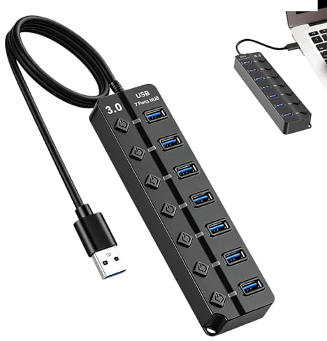 USB 3.0-hubb med 7 portar med individuella ON/OFF-omkopplare och LED-indikatorer – mångsidig USB-hubb för PC, bärbar dator och MacBook