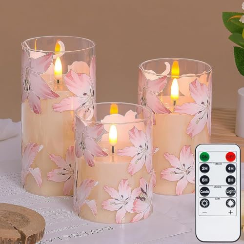 Maxspace Flammenlose Kerzen mit Fernbedienung und Timer, 3er-Set LED-Kerzen Flackernde Flamme, Batteriebetriebene Kerzenlampe, Rosa Lilien Stumpenkerzen für Wohnzimmerdekoration (Lilie)