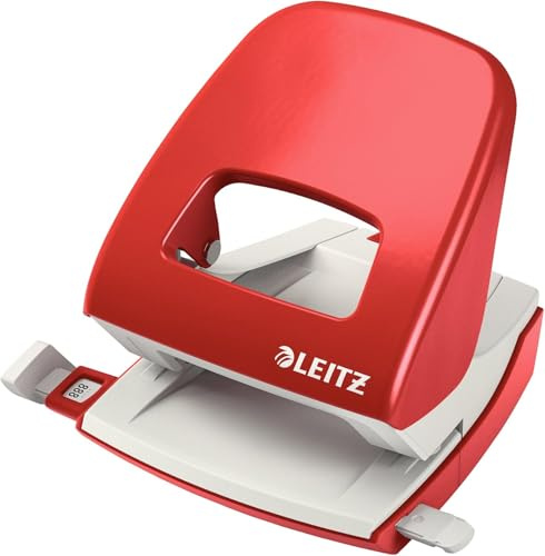 Leitz Büro Locher aus Metall, Für 30 Blatt, Anschlagschiene mit Formatangaben, Ergonomisches Design, rot, 50086025