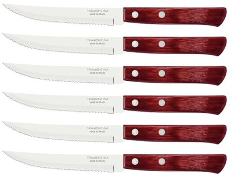 Tramontina Steakmesser, Pizzamesser, Set 6-teilig, 6 Steakmessern aus Edelstahl, Holzgriff rot FSC