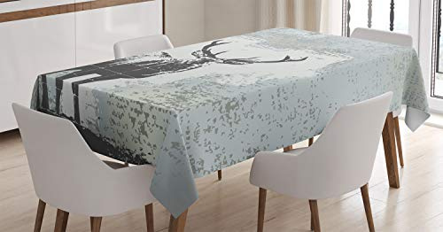 ABAKUHAUS Geweih Tischdecke, Hirsch Silhouette Grunge, Schmutzabweisend Pflegeleicht Waschbar Druck Mit Klaren Farben ohne Verblassen, 140 x 200 cm, Schwarz Grau