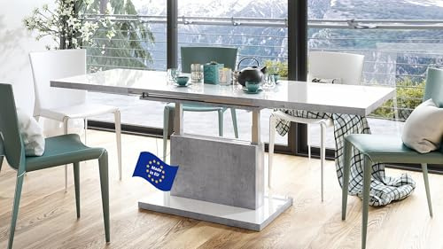 Mazzoni Aston Couchtisch ausziehbar höhenverstellbar 120/200cm in Weiß Hochglanz/Beton modern vielseitig Wohnzimmertisch Esstisch Beistelltisch Sofatisch platzsparend hochwertig Wohnzimmer