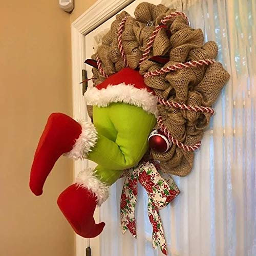 Grinch Weihnachtskranz mit Kugel,Schleife,Weihnachten Dekor,Wie der Grinch den Weihnachtskranz tür aus Sackleinen Gestohlen Hat,Girlande Dekorationen Super Süße Schöne Tolle Geschenk (A-14 Zoll)