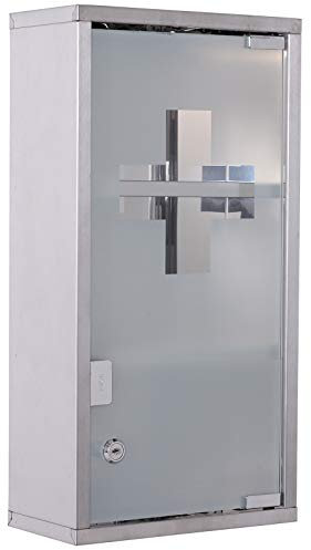 HOMCOM Medizinschrank aus Edelstahl Arzneischrank zur Medikamenten-Aufbewahrung, Abschließbar Medikamentenschrank mit 3 Fächer, Glastür 25 x 12 x 48 cm, Silber