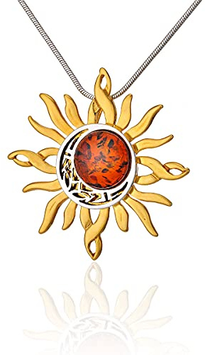 AMBEDORA Collier pour femme en argent sterling plaqué or 14 carats avec pendentif en ambre de la Baltique celtique et lune sur chaîne serpent, Argent sterling, Ambre