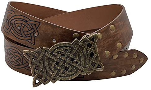 COSFAN Cinturón de cuero vikingo, de anillo O de cuero de PU en relieve medieval, de anillo de cuero renacentista con hebilla de metal, cinturón de caballero, disfraz de Halloween (Marrón)