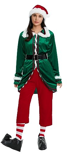 FeMereina Unisex Men's Elf Costume Adult Deluxe Santa Cosplay Suit Christmas Costume Elf Santa Helper CostumeGreen Cosplay Party for Women (Green Women, Large)