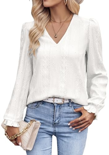Tanmolo Langarmshirt Damen Bluse Elegant Langarm Pullover V-Ausschnitt Tunika Lässige Oberteile Puffärmel Blusenshirt Basic Tops Weiß, L