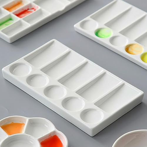 XUBX 1 Pieces Ceramic Painting Palette, 8-inch Rectangular 5-Hole 5-Style Color Palette, Paint Palette, White Ceramic Artist Paint Palette, Mixing Painting Palette for Adult, Kids, Art Student