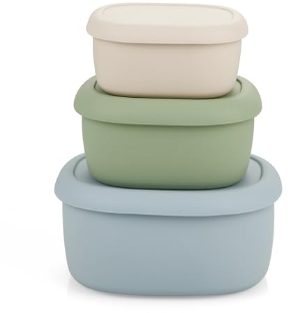 PandaEar 3 Pack Silicone Food Storage Containers with Lids, Reusable Nesting Lunch Bento Box Set, BPA Free, Leakproof, Microwave Freezer Safe (6.7oz, 10oz, 20oz)