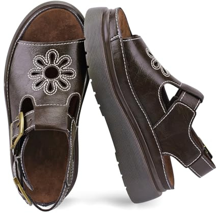 KIFIWUI Brown Platform Sandals for Women Chunky Ankle Buckle Casual Open Toe Comfortable Flower Decoration Fisherman Sandals Sizes 8