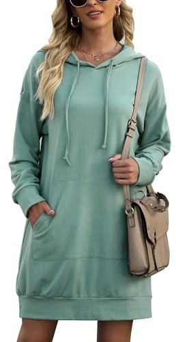 Litherday Damen Hoodie Lang Sweatshirts mit Kapuze Langarm Kapuzenpullover Kleid Sweatkleid Casual Minikleid mit Taschen