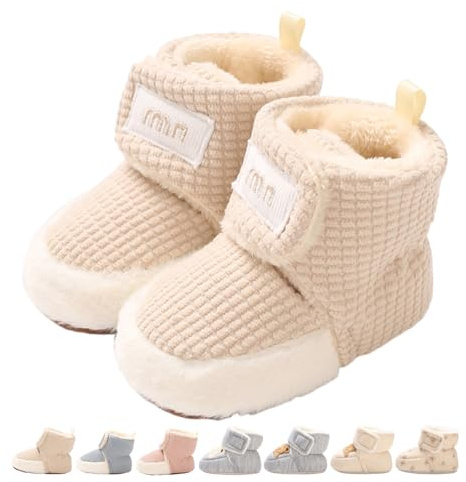 Baby Boys Girls Winter Warm Fleece Booties Snow Boots Newborn Non-Slip Soft Sole Sock Shoes Slippers Toddler Cotton Thermal Adjustable Crawling Barefoot Walker Shoes Waffle Khaki 0-6 Months