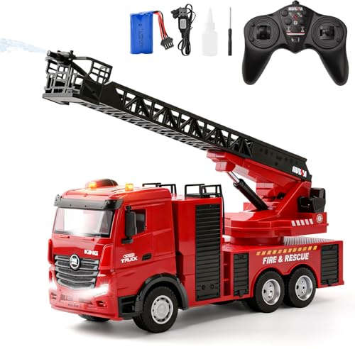 LTFIOON Großes Feuerwehrauto RC 1:18 | 2,4G Feuerwehr Ferngesteuert mit 270° Drehleiter & Spritzfunktion | 7,4V Wiederaufladbar, Licht & Sound | Feuerwehrauto-Spielzeug für Kinder ab 3-12 Jahren