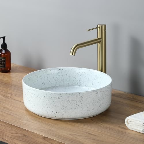 DILECI – Vasque Ronde Blanche avec Petits Points Ø36 cm – Lavabo à Poser Design Épuré et Original – Finition avec Points Gris Bleuté – Idéal Petits Espaces et Salles de Bain Contemporaines