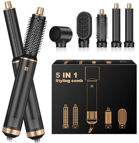 Airbrush 5 in 1 Multi Hair Styler Blowdry Brush Hairdryer Hot Magic Air Styler Set for Women, Hair Styling Appliances with Curl Straighten Wavy Smooth, All Hair Type/Length (Black Gold)