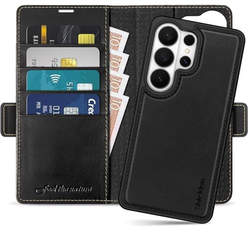 SHIELDON Cover Staccabile in Vera Pelle per Galaxy S26 Ultra 6.9 Pollici 5G 2026, Custodia 2 in 1 Portafoglio Flip Caso Magnetico Cover Cavalletto Protezione [Senza Ricarica Wireless], Nero Retrò