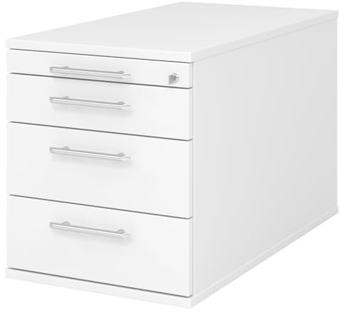 bümö Rollcontainer mit Schubladen, Container abschließbar aus Holz in weiß - Rollwagen für's Büro als Schreibtisch Unterschrank, Bürocontainer od. Schreibtischcontainer mit Relinggriffe