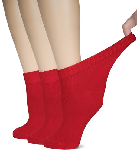 Hugh Ugoli Calzini Donna Diabetici in Bambù, 3 Paia, Calzini Corti Morbidi e Traspiranti, Extra Larghi per Caviglie Gonfie, Bordo Senza Elastico e Punta Senza Cuciture, Rosso, Taglia 36-39