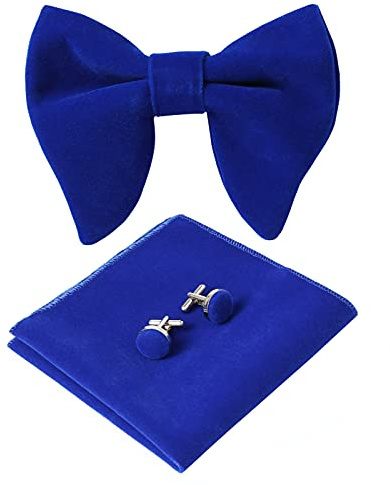 HOULIFE Ensemble nœud papillon pour homme – Nœud papillon réglable en velours pré-noué, mouchoir uni, boutons de manchette pour marié, mariage formel avec boîte cadeau, bleu roi, Fliege: 12x10cm/4.7